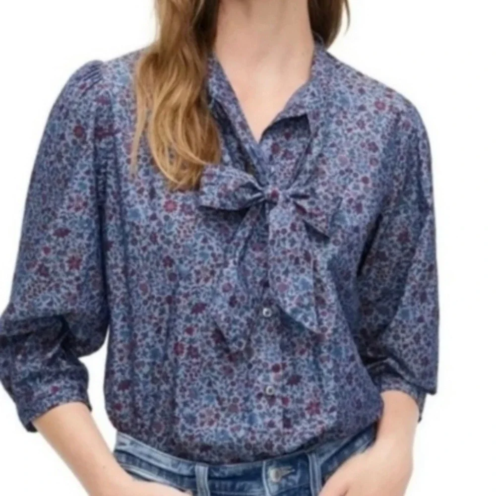 J Crew Tie Neck Blouse In Liberty Colombo Chambray Blue Multi Womens XS‎